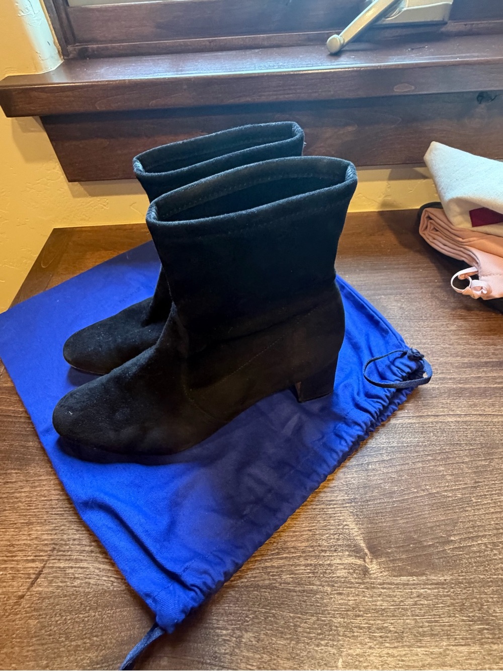 Stuart Weitzman Black Suede Mid-Calf Block Heel Booties